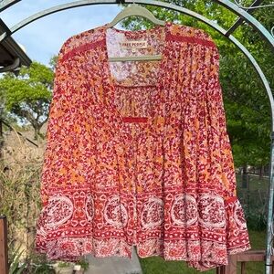 Free People Red and Yellow Floral Boho Peasant Blouse